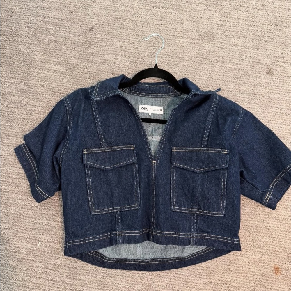 Zara Navy Denim Cropped Jacket